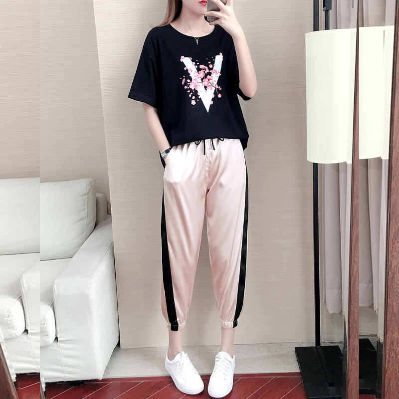 Hong Kong Special Cabinet 2021 New T-shirt Leisure Sports Suit Women's Summer Clothing Han Edition Loose Color Pie 2 sets