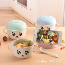 New wheat straw childrens bowl Cartoon plastic bowl with spoon Baby fun fruit plate microwave heating