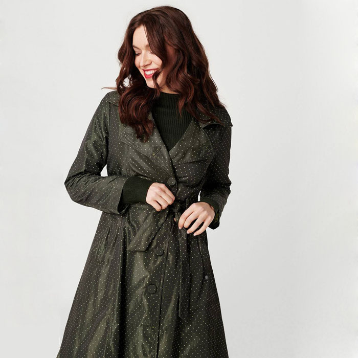 Temperament Thin Women's Dress Coat O's version Large size New long sleeves Wind Clothes Round Dot long version Army green single row buttoned over knee