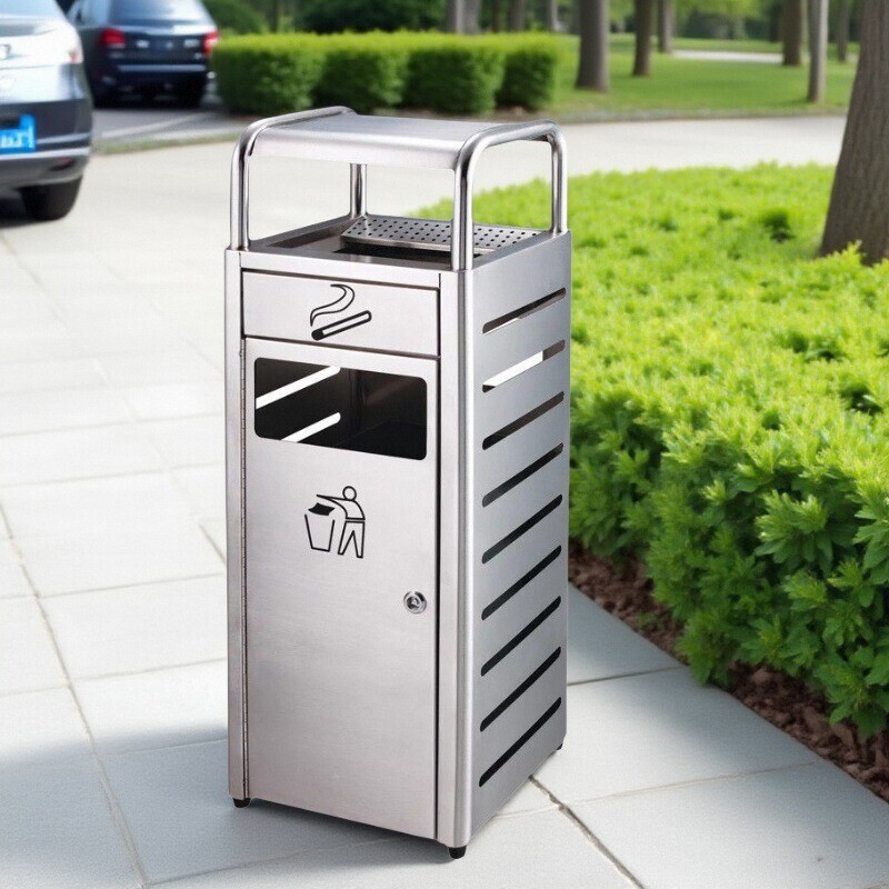 Stainless Steel Vertical Outdoor Ashtray Trash Can for Villas and Outdoor Communities, with a Smoke Extinguisher