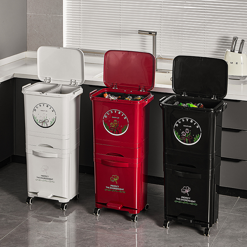Multi-Layer Japanese-Style Kitchen Trash Can, Tall Model, Movable, Rectangular, Vertical, No Need to Bend Over, Plastic with Lid, Large Capacity