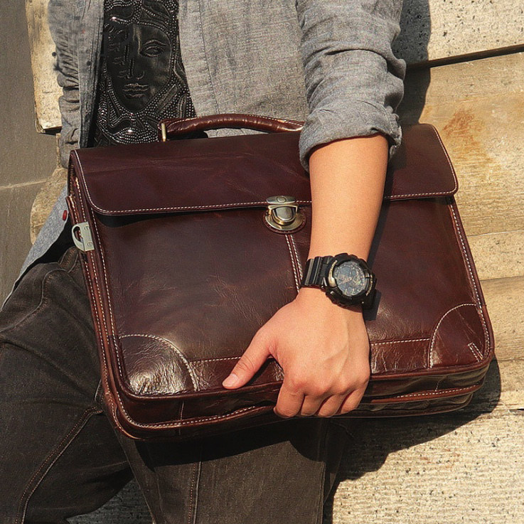 Retro Head Layer Bull Leather Men's Bag Business Briefcase Handreal Leather Hand Single Shoulder Diagonal Satchel 14 Inch Computer Bag