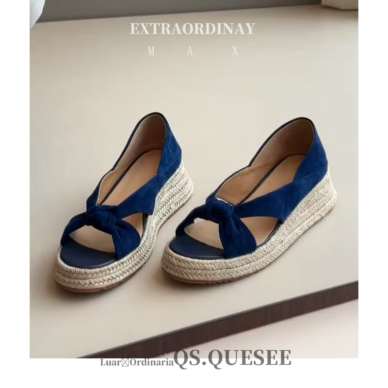 Sheepskin Version! Klein Blue Open-Toe Sandals for Women, Summer Style, Suitable for Pairing with Dresses, Raffia Woven Wedge Shoes, Versatile Roman Sandals