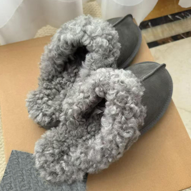 Cowhide Version ~ Lamb Wool Gray Furry Shoes with Thick Soles and Plush Cotton Slippers for Outdoor Wear, Winter Warm Half-Slip Snow Boots