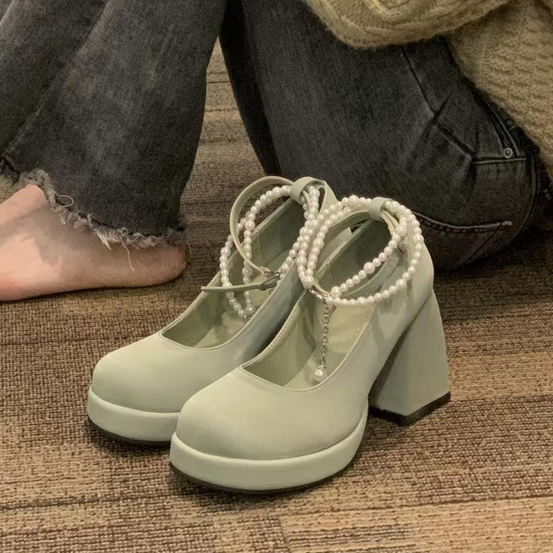 Cowhide Version ~ Lotus Green Thick-Soled Mary Jane Shoes for Women, Lolita Chunky Heel High Heels, 2025 New Style Shallow Mouth Single Shoes