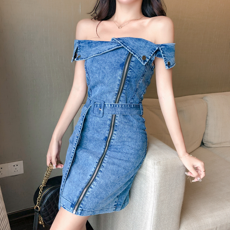 VK旗艦店 韓系性感一字領細帶牛仔裙拉鏈包臀短袖洋裝