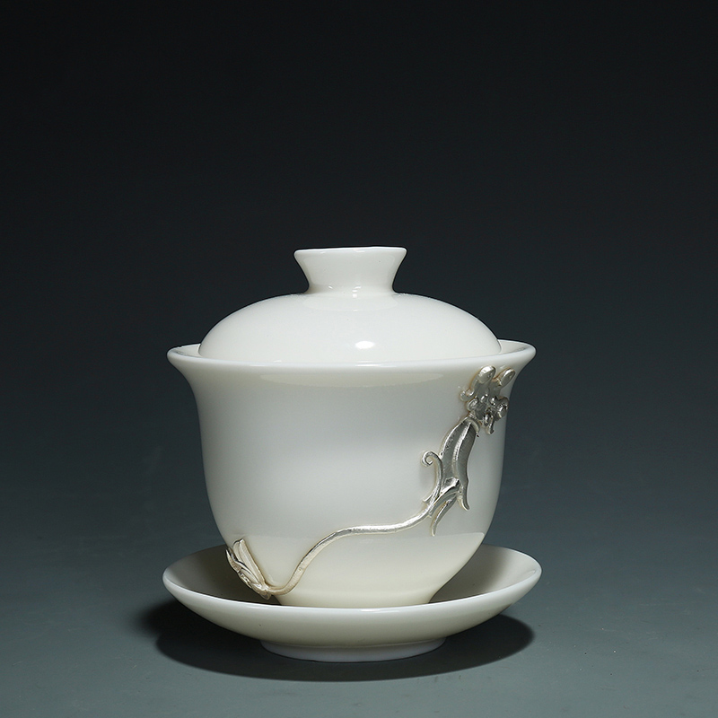 Jade porcelain craft coppering. As ceramic three silver to make tea tureen large kung fu tea cups white porcelain tea bowl