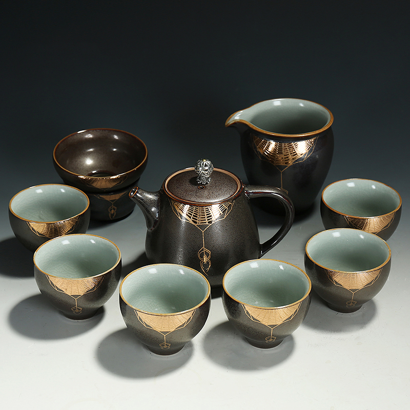 Contracted Japanese iron glaze ceramic tea set suit of a complete set of kung fu tea set coarse pottery teapot cup bowl sea restoring ancient ways