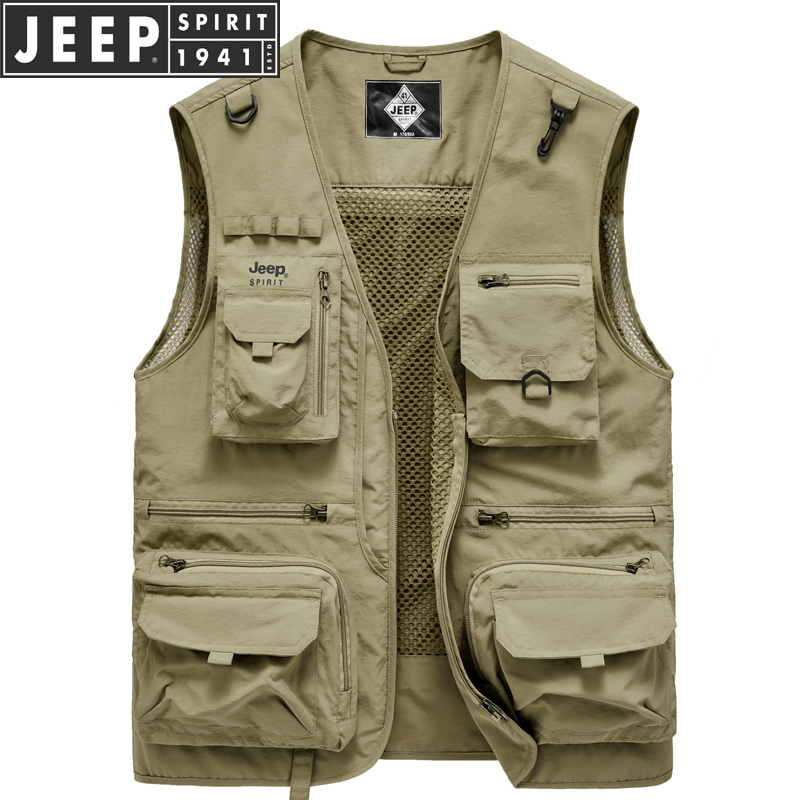 Jeep Men's Outdoor Casual Lightweight Photography Vest Multi-Pocket Fishing Mesh Vest Jacket