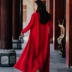 Màu cam-đỏ vẽ tay hoa dâm bụt váy dài lanh váy áo khoác trench coat phong cách Trung Quốc phụ nữ mùa xuân và mùa thu áo khoác niche - váy đầm