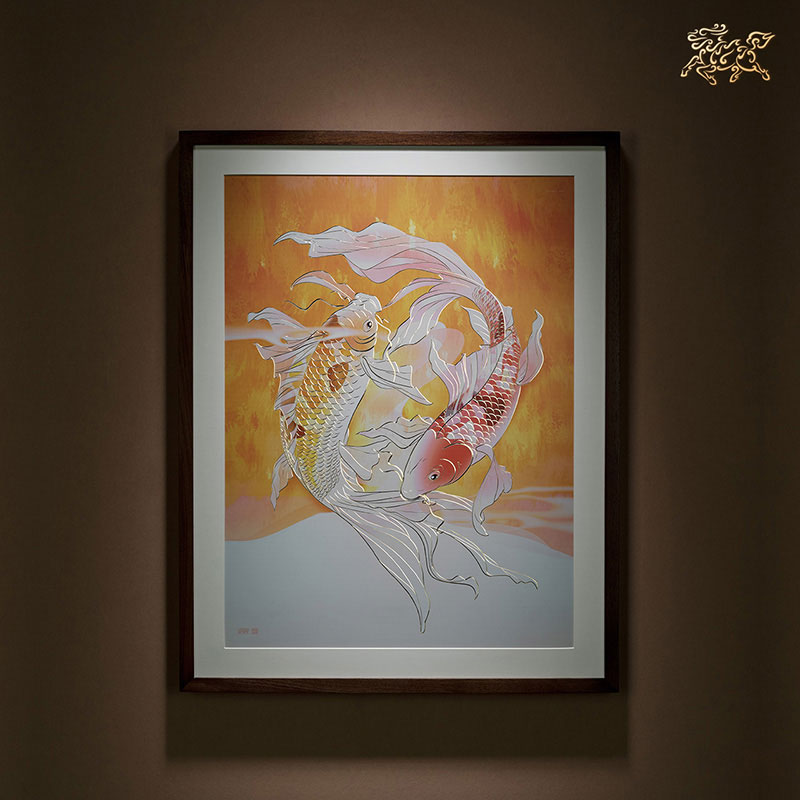 The copper master hand-carved the bronze carving painting "Koi" decorative painting porch painting hanging mural