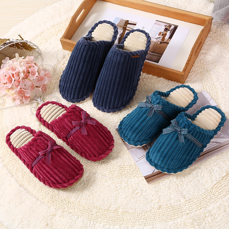 Spring and autumn and winter bow solid bottom corduroy floor non-slip warm couple drag home confinement cotton slippers female