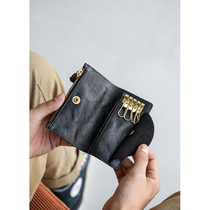 Genuine leather mens key bag retro first-layer cowhide card ticket change storage multi-functional vertical mini handmade small bag