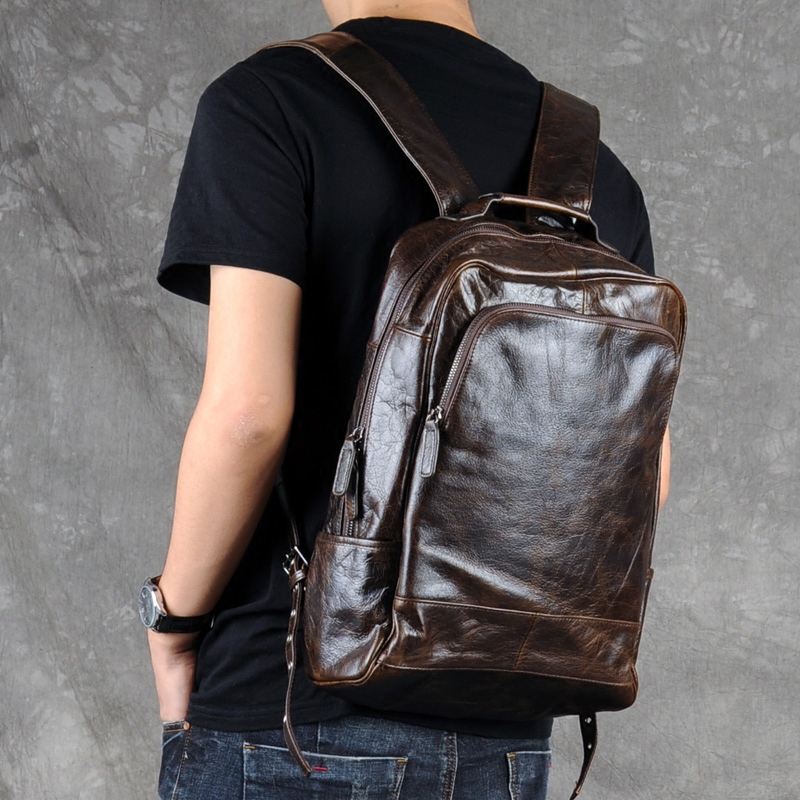 Vintage Oil Wax Leather Backpack for Men, Genuine Leather Backpack, First Layer Cowhide School Bag, Casual Simple Travel Laptop Bag