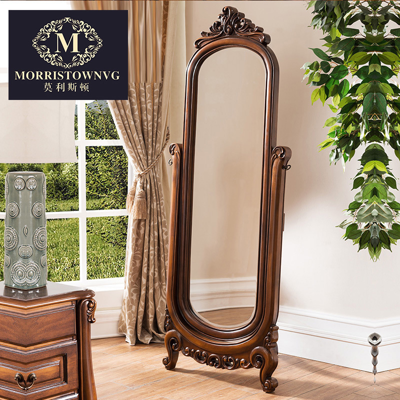 Luxury European style dressing mirror American solid wood fitting mirror bedroom corner rotating floor mirror vertical full-length mirror home