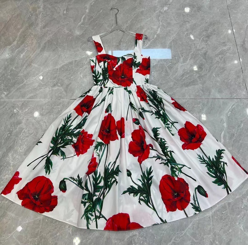 European and American Style Fashion Goddess D Brand Same Style Carnation Pink Floral Cotton Camisole Dress High Quality