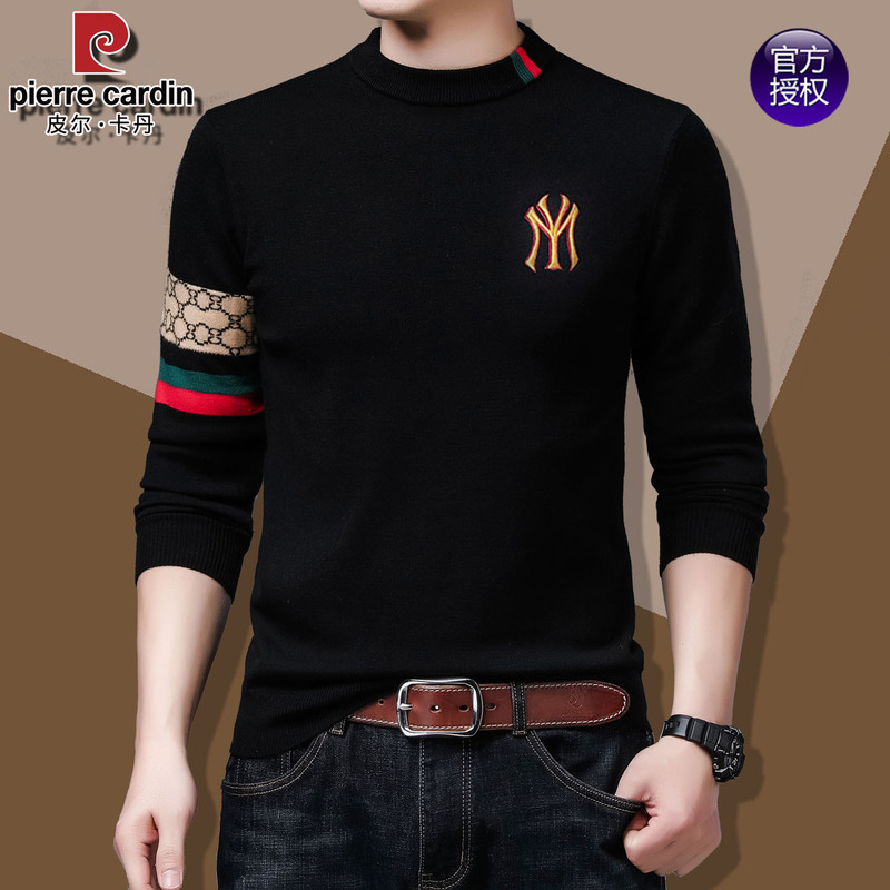 Pierre Cardin 2026 Spring and Autumn Long Sleeve T-Shirt Men's Knitwear Thin Round Neck Wool Embroidered Base Shirt