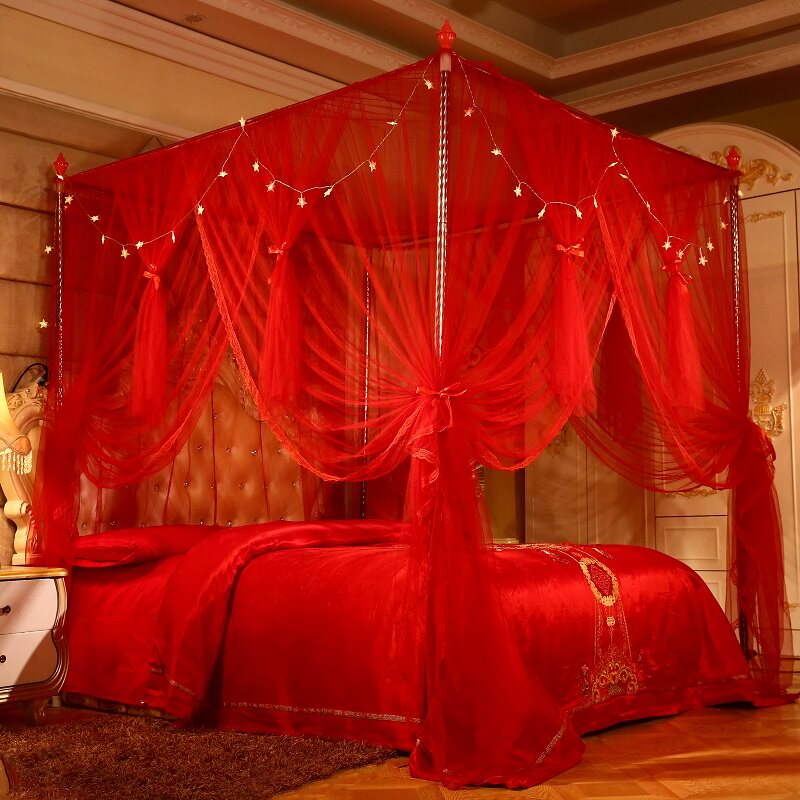 Wedding big red mosquito net 1 8m bed with bracket 1 5m square top floor princess style 1 2m bed pattern household