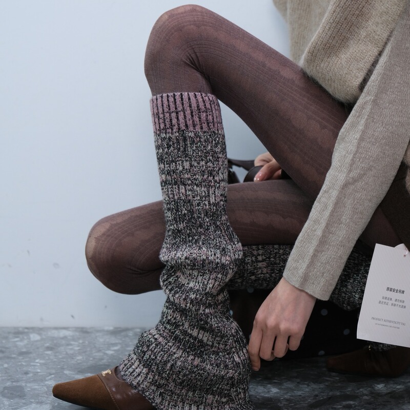 2Sd Island Multicolor Chunky Knit Pleated Sock Warmers with Pink and Purple Ribbed Cuffs Layered over Tan Dark-Patterned Base Socks 2Sd Island Multicolor Chunky Knit Pleated Sock Warmers with Pink and Purple Ribbed Cuffs Layered over Tan Dark-Patterned Base Socks