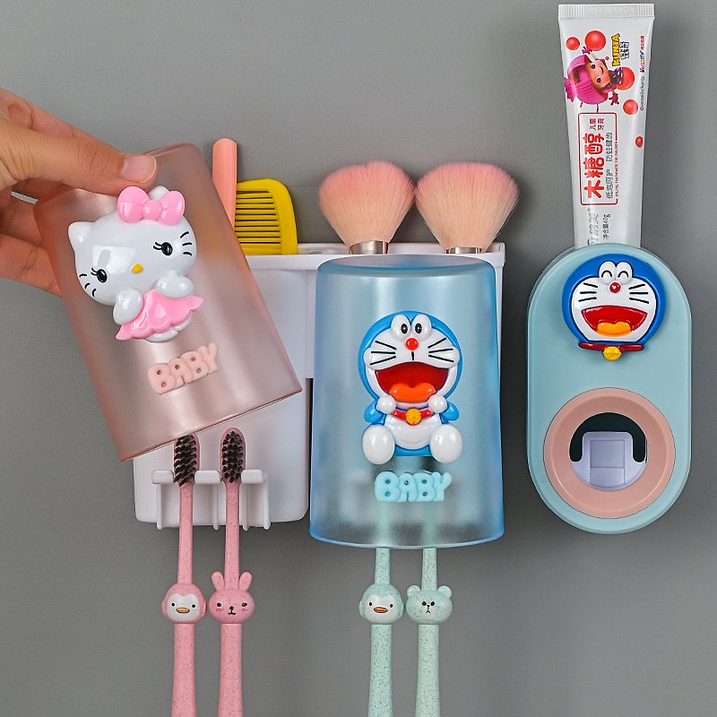 Cartoon Toothbrush Shelf Wall-mounted Lovers Makeup Room Gargling Cups Children Toothbrushing Teeth Cup Toothcup Family Suit