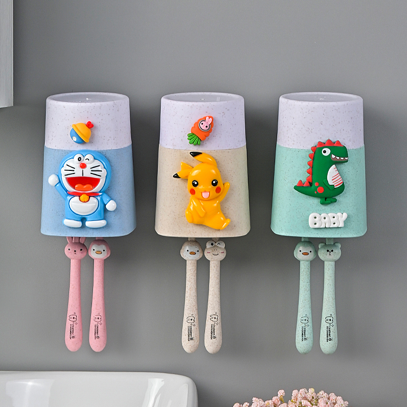 Cartoon powder room suction wall type children's wall-mounted toothbrush cup set tooth cylinder toothbrush rack couple mouthwash cup