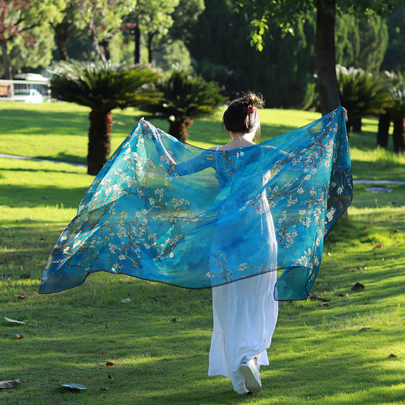 Van Gogh's Apricot Blossom Oil Painting Silk Scarf, Real Silk Mulberry Silk Sunscreen Oversized Shawl, Mother's Day Gift, Beach Spring/Summer Scarf