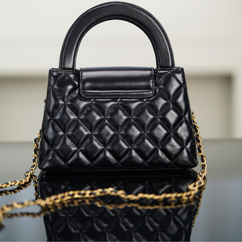 Black Classic Small Quilted Women's Bag 23K Vintage Handle Detachable Metal Chain Kelly Oil-Waxed Cowhide Bag