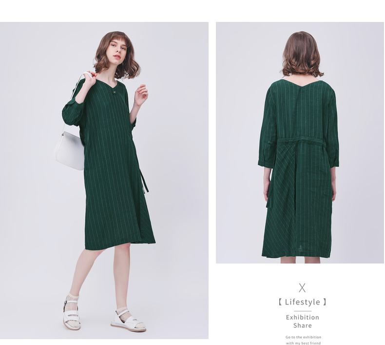 Gumu Xi Yang GMXY2018 phụ nữ mùa hè mới loose-leaf sọc linen dress new mát mẻ mát mẻ váy