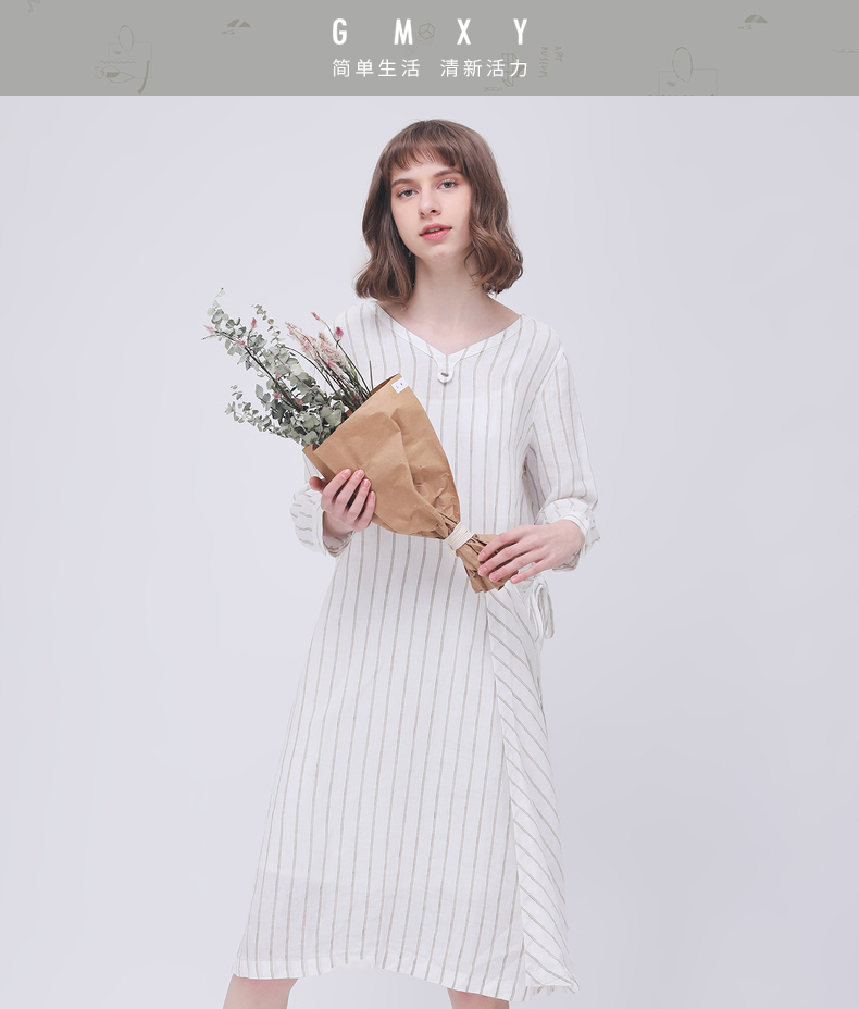 Gumu Xi Yang GMXY2018 phụ nữ mùa hè mới loose-leaf sọc linen dress new mát mẻ mát mẻ váy