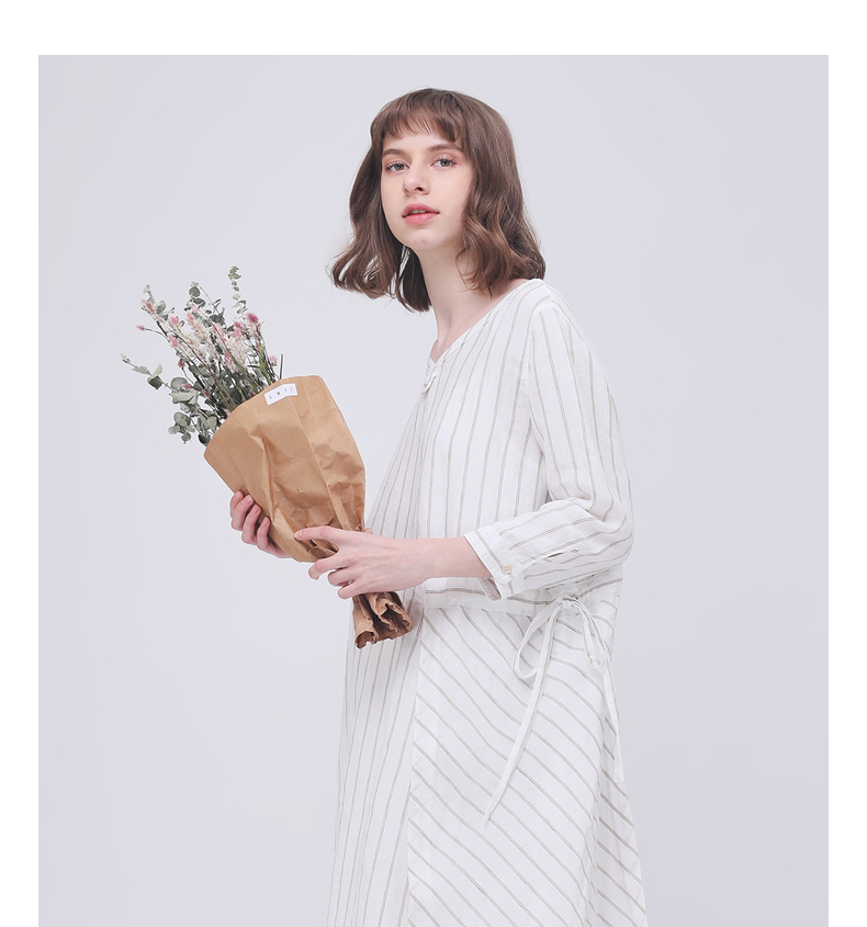 Gumu Xi Yang GMXY2018 phụ nữ mùa hè mới loose-leaf sọc linen dress new mát mẻ mát mẻ váy