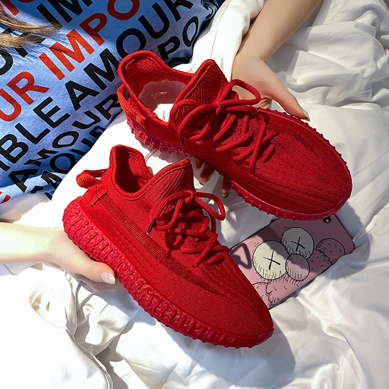 Size 35-41 Fly-Knit Coconut Shoes for Women, Lightweight New Sports Shoes, Breathable Fashionable Red Soft-Soled Yellow Shoes