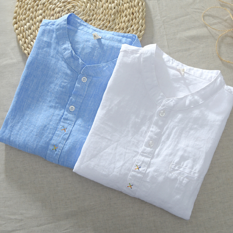 Men's Summer Linen T-Shirt, Short-Sleeved, Loose Fit, Stand-Up Collar, Cotton-Linen Shirt, Thin Style, Stylish Young Man Beach Shirt