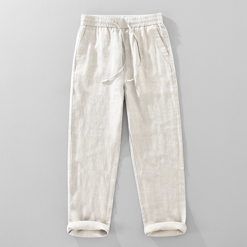 Drawstring Elastic Waist Straight-Leg Linen Casual Pants for Men, New Spring/Summer Style, Full Linen, Japanese Retro Breathable Pure Linen Pants