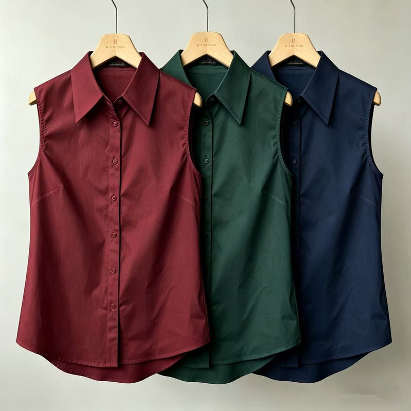 Casual Sleeveless Versatile Shirt for Women, Slim Fit, Pointed Lapel, Single-Breasted, Commuter Vest, Pure Cotton Shirt Top
