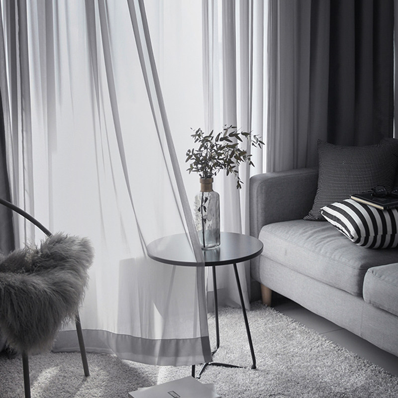 Curtains Nordic simple gray modern white yarn Translucent impermeable human screen curtain Industrial wind Bedroom living room bay window shading