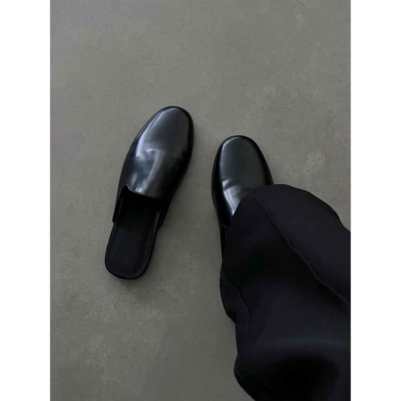 Slip-On Black Loafers for Men, 2026 Autumn Thin Style, Mule Closed-Toe Half-Slipper, Breathable Casual Leather Shoes