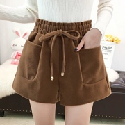 Quần short len ​​cạp cao mùa thu đông 2018 mới chân rộng màu đen đã mỏng dày mặc quần lửng ống rộng giản dị quần nữ