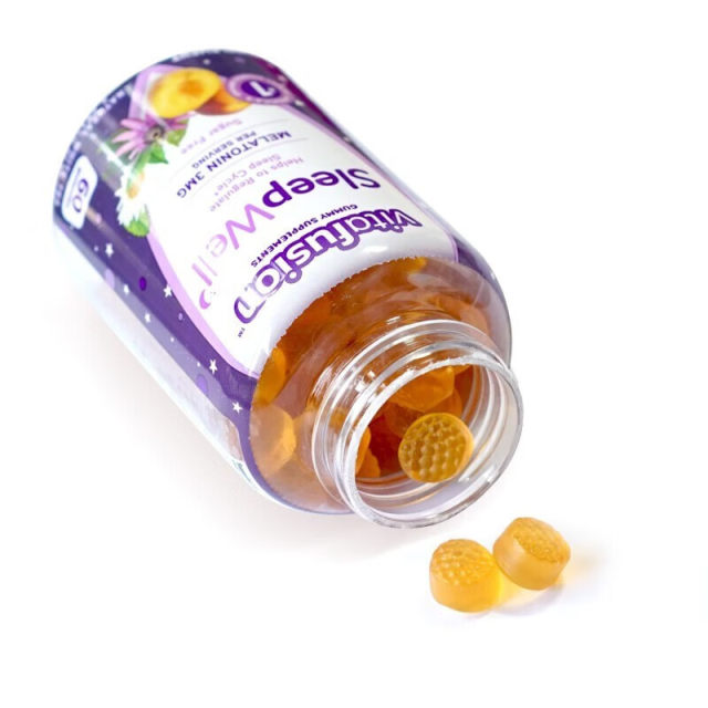 VitafusionSleepWell peach gummies melatonin ສໍາລັບຜູ້ໃຫຍ່ຊາວອາເມລິກາ, 60 ແຄບຊູນຂອງເຂົ້າຫນົມອົມນອນ