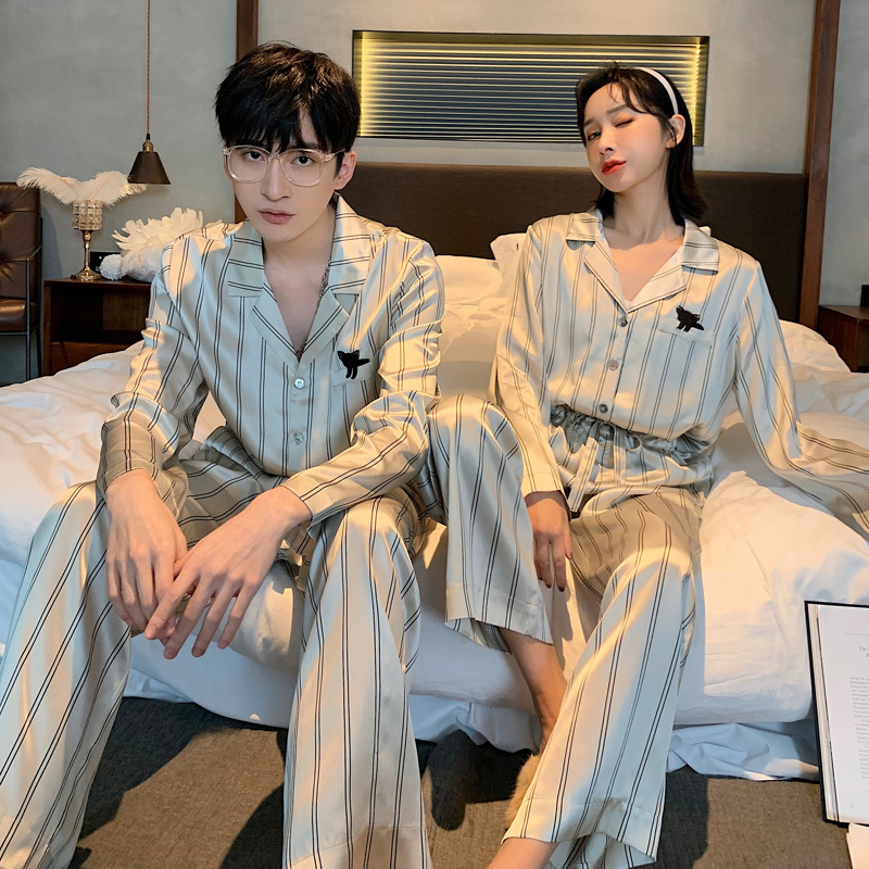 Victoria Couple Pajamas Spring and Autumn Style Men's and Women's Long and Short Sleeve Mulberry Silk Loungewear Striped Puppy Loose Set