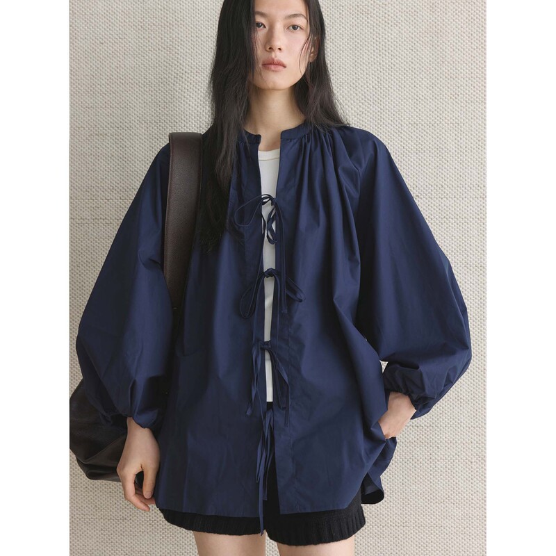 Early Spring New Style Japanese Retro Design Personalized Reversible Lace-Up Lantern Sleeve Shirt Loose Silhouette Top for Women