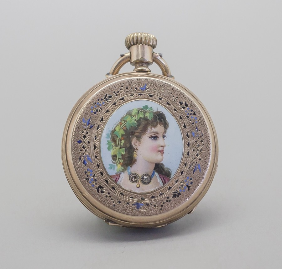 K gold double-sided enamel character painting antique pocket watch