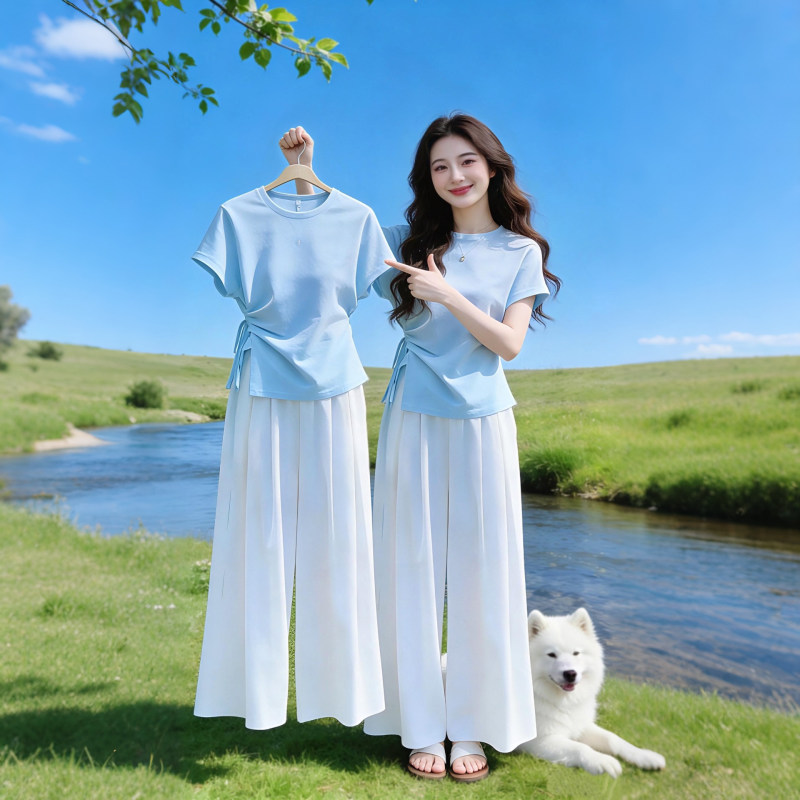 High-End Fashionable and Stylish Blue Short-Sleeved T-Shirt 2026 Summer New Style Outfit Complete Set with Drawstring Wide-Leg Pants Two-Piece Set