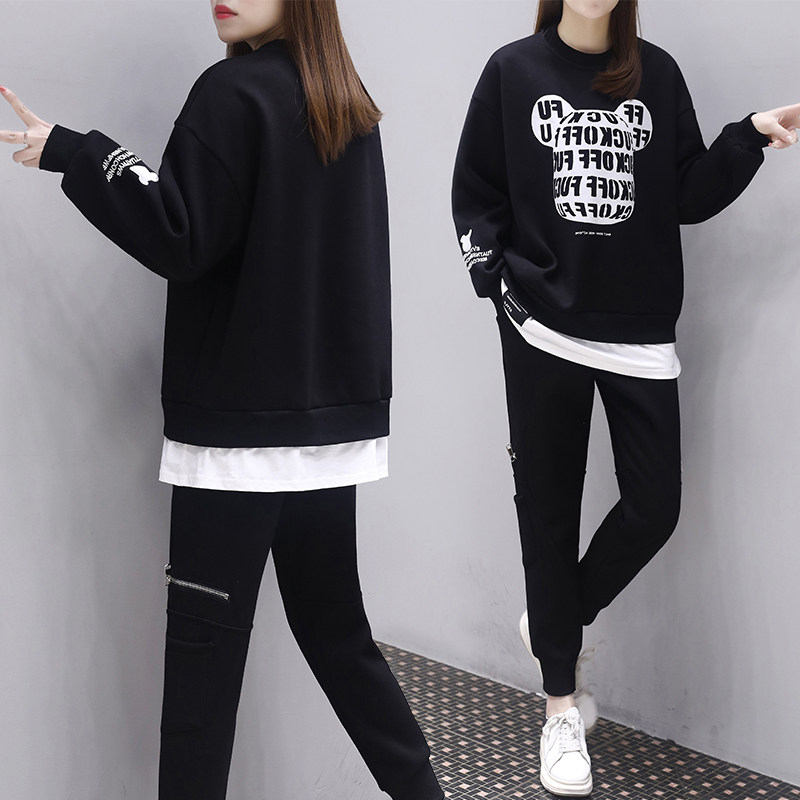 Faahion fake two-piece age-reducing sweater and pants 2021 autumn new fat mm fashion casual sports suit female