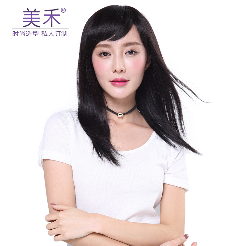 Meihe Wig Women's Long Hair Natural Full Headset Real Life Hair Hair Headset Type Medium Long Straight Hair Oblique Liuhai Wig Set