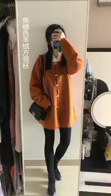 Caramel Maple Leaf red palace wall red cashmere wool square collar round neck narrow sleeve half sleeve coat Hanfu