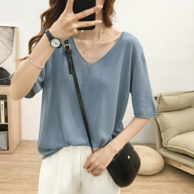 Reduce age, slim down, summer cool ice silk large V-neck loose short-sleeved T-shirt for women Korean style simple solid color knitted top