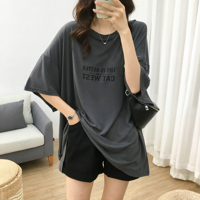 Summer Korean version of cool cupro silk loose BF wind casual letter printing short-sleeved T-shirt women's large size half-sleeve top