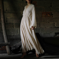 cicidream spring new ancient Greek texture Belgian linen original undyed long-sleeved dress