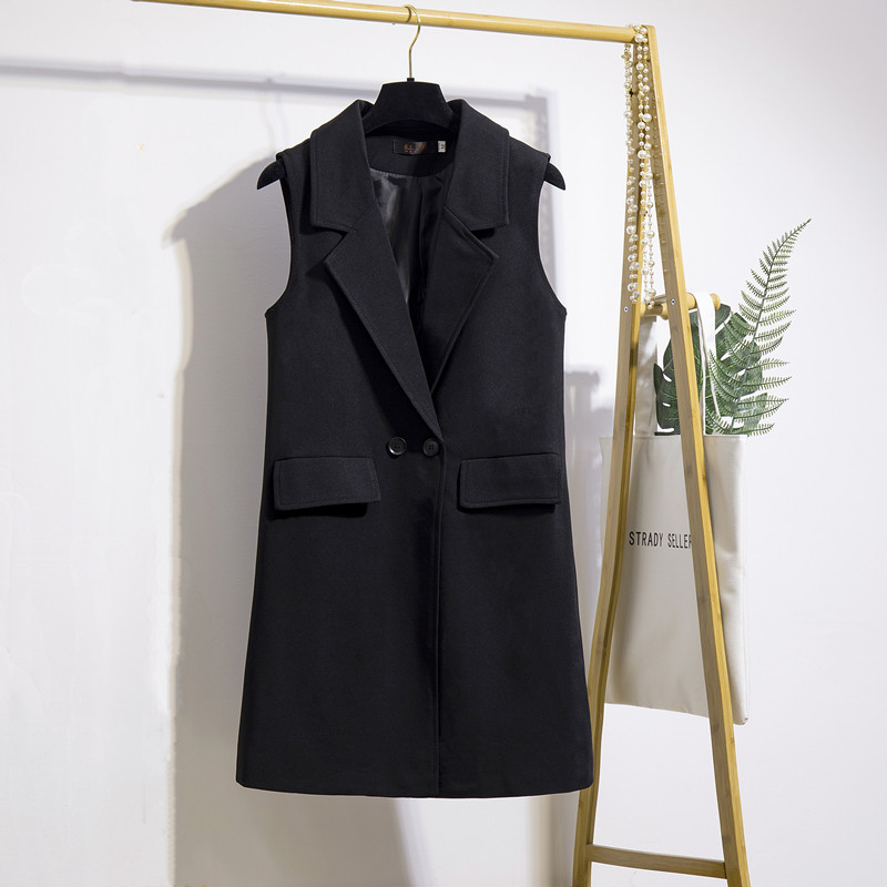 2021 spring and autumn long version of the fashion vest Korean version thin solid color pocket suit collar sleeveless vest horse clip jacket