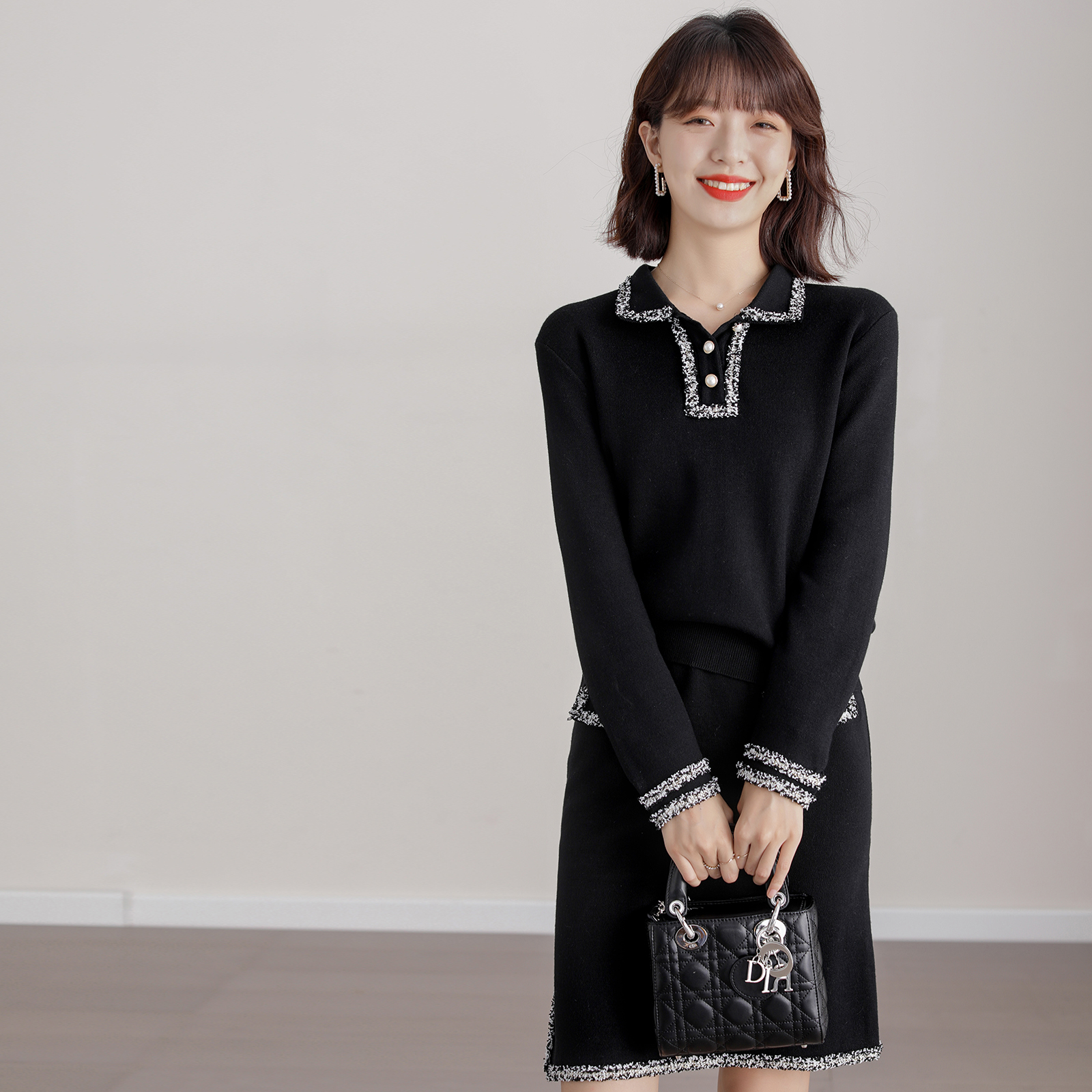 FENPERATE solid color wool knitted suit dress women's 2021 spring and autumn new two-piece skirt